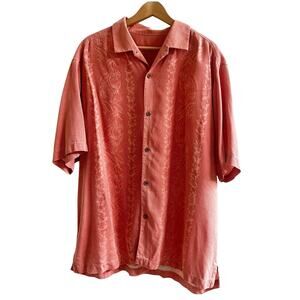 Tommy Bahama 100% Silk Button Down Short Sleeve Shirt Size XL Hawaii Peach